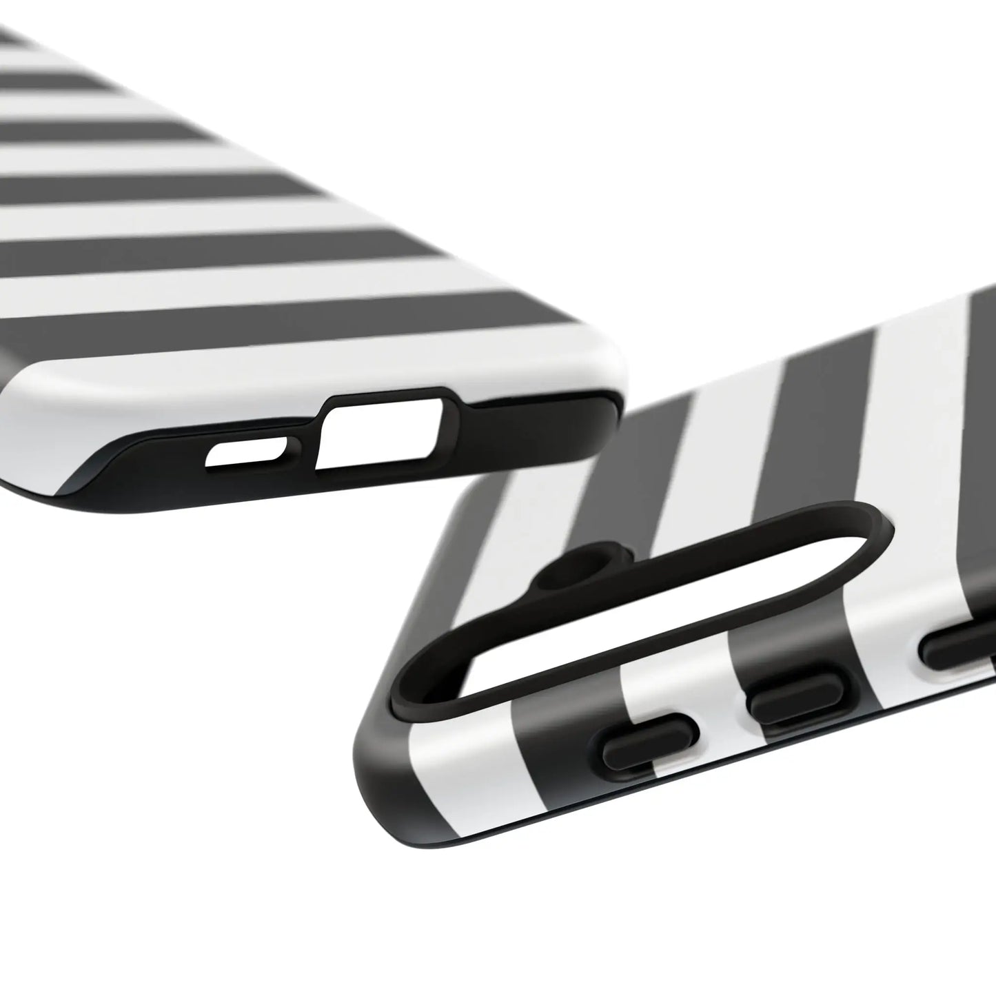 Back side of black white stripe phone case with black ring holder for iphone samsung s and google pixel phones