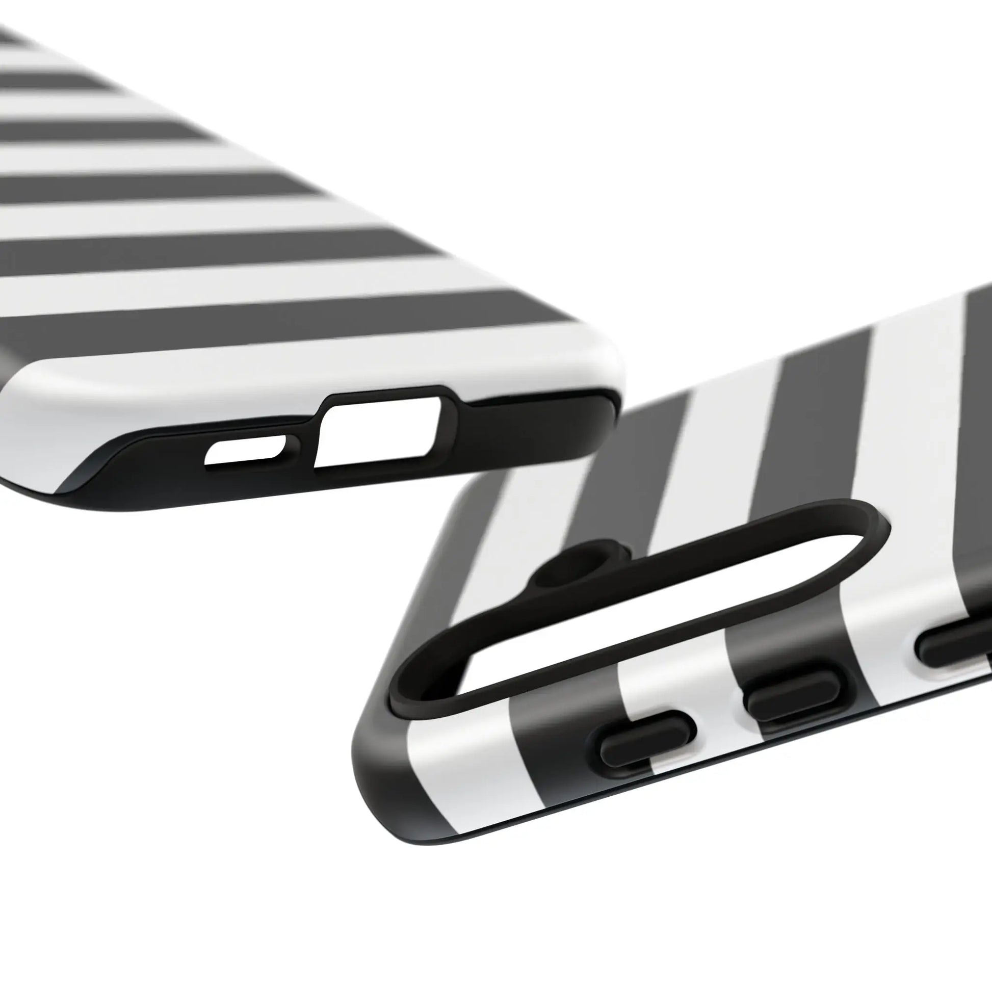 Back side of black white stripe phone case with black ring holder for iphone samsung s and google pixel phones
