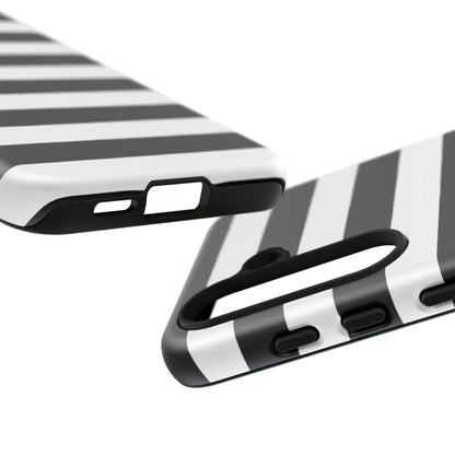 Back side of black white stripe phone case with black ring holder for iphone samsung s and google pixel phones