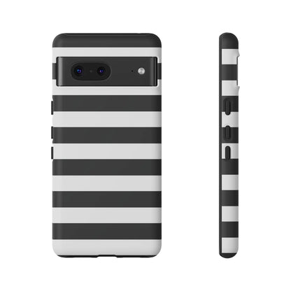 Black white stripe phone case for iphone samsung and google pixel with sleek modern design shown from the back side