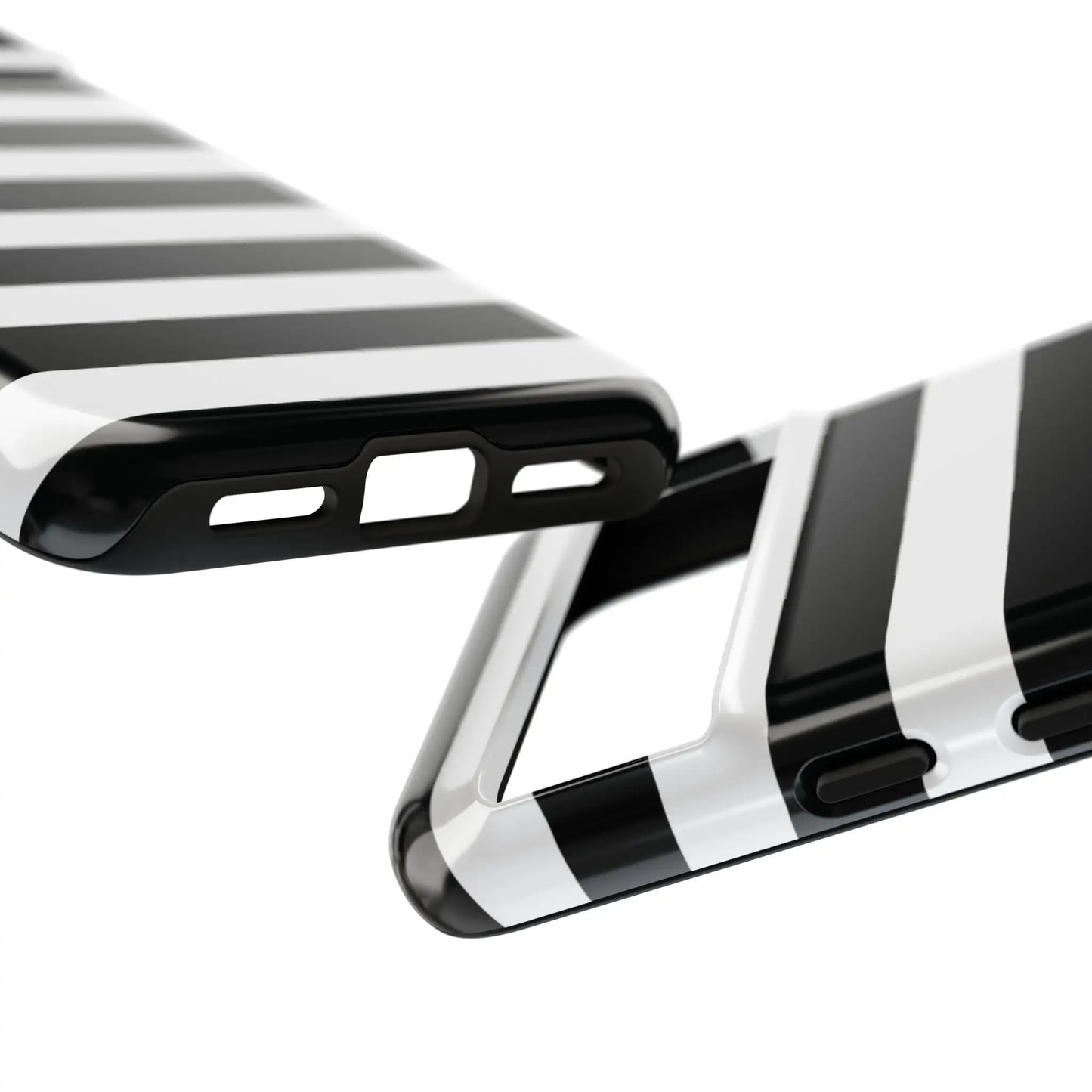 Back side of a glossy black white stripe phone case designed for iPhone Samsung S and Google Pixel phones
