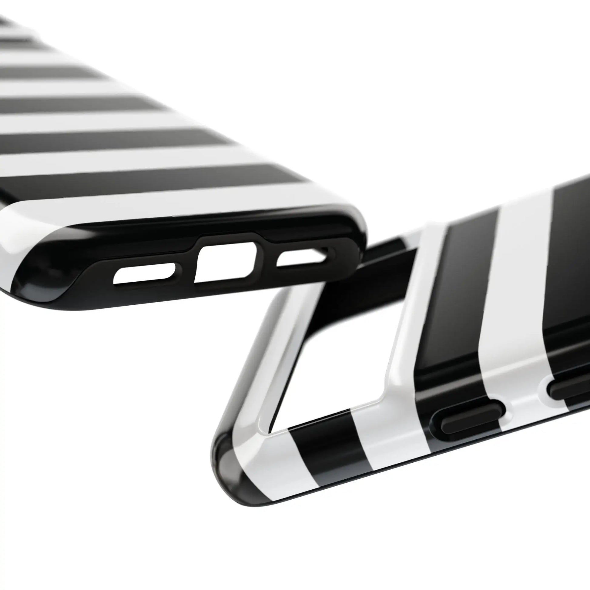Back side of a glossy black white stripe phone case designed for iPhone Samsung S and Google Pixel phones