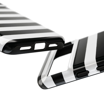 Back side of a glossy black white stripe phone case designed for iPhone Samsung S and Google Pixel phones