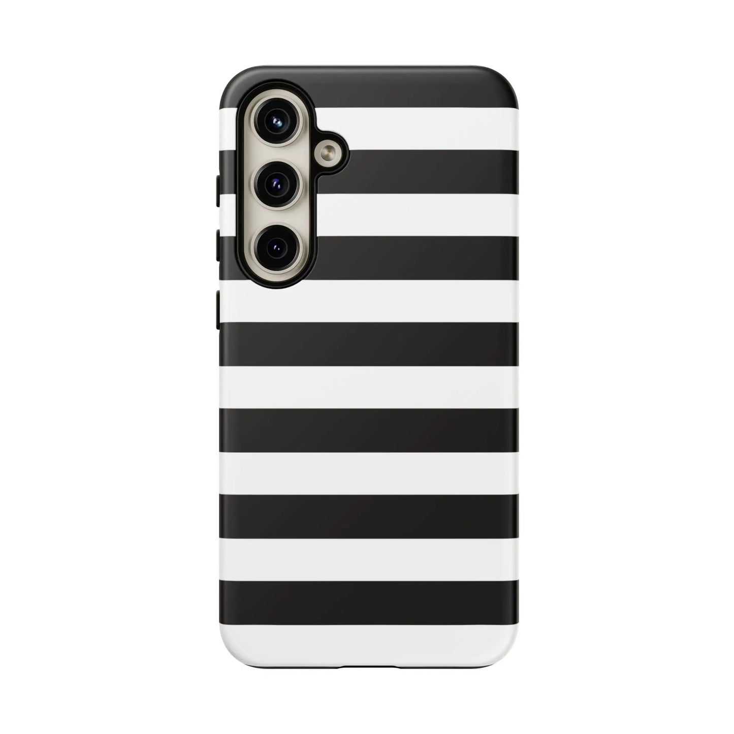 Black white stripe phone case for iphone samsung and google pixel with sleek modern horizontal stripes shown from back side