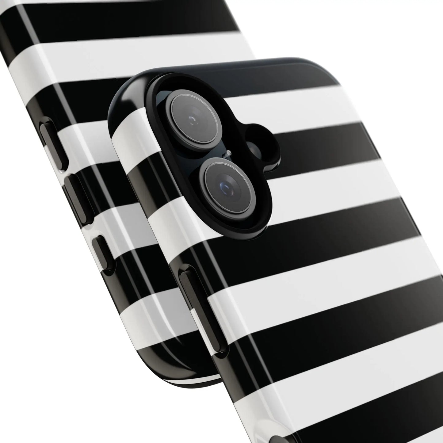 Black white stripe phone case for iphone samsung pixel phones with glossy finish shown from the back side