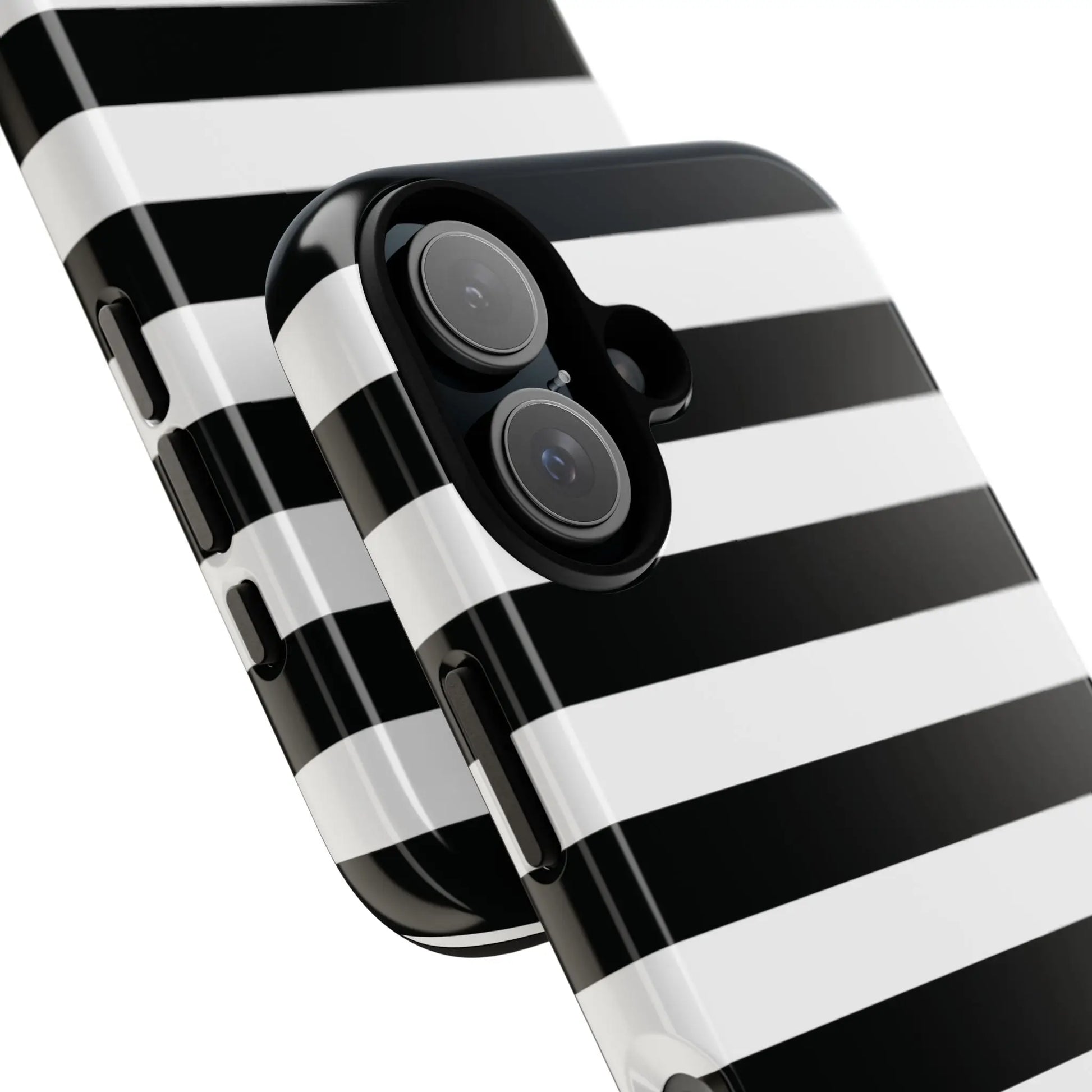 Black white stripe phone case for iphone samsung pixel phones with glossy finish shown from the back side