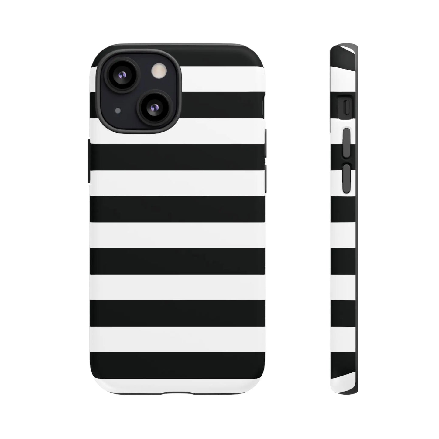 Back side of a black white stripe phone case with bold horizontal stripes for iphone samsung pixel phones