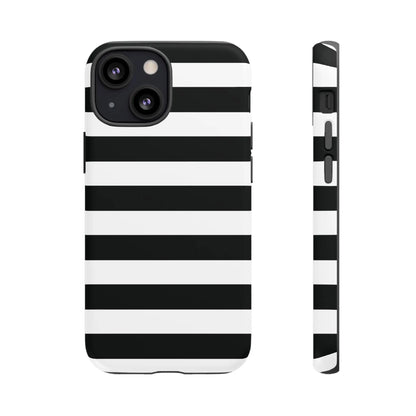 Back side of a black white stripe phone case with bold horizontal stripes for iphone samsung pixel phones