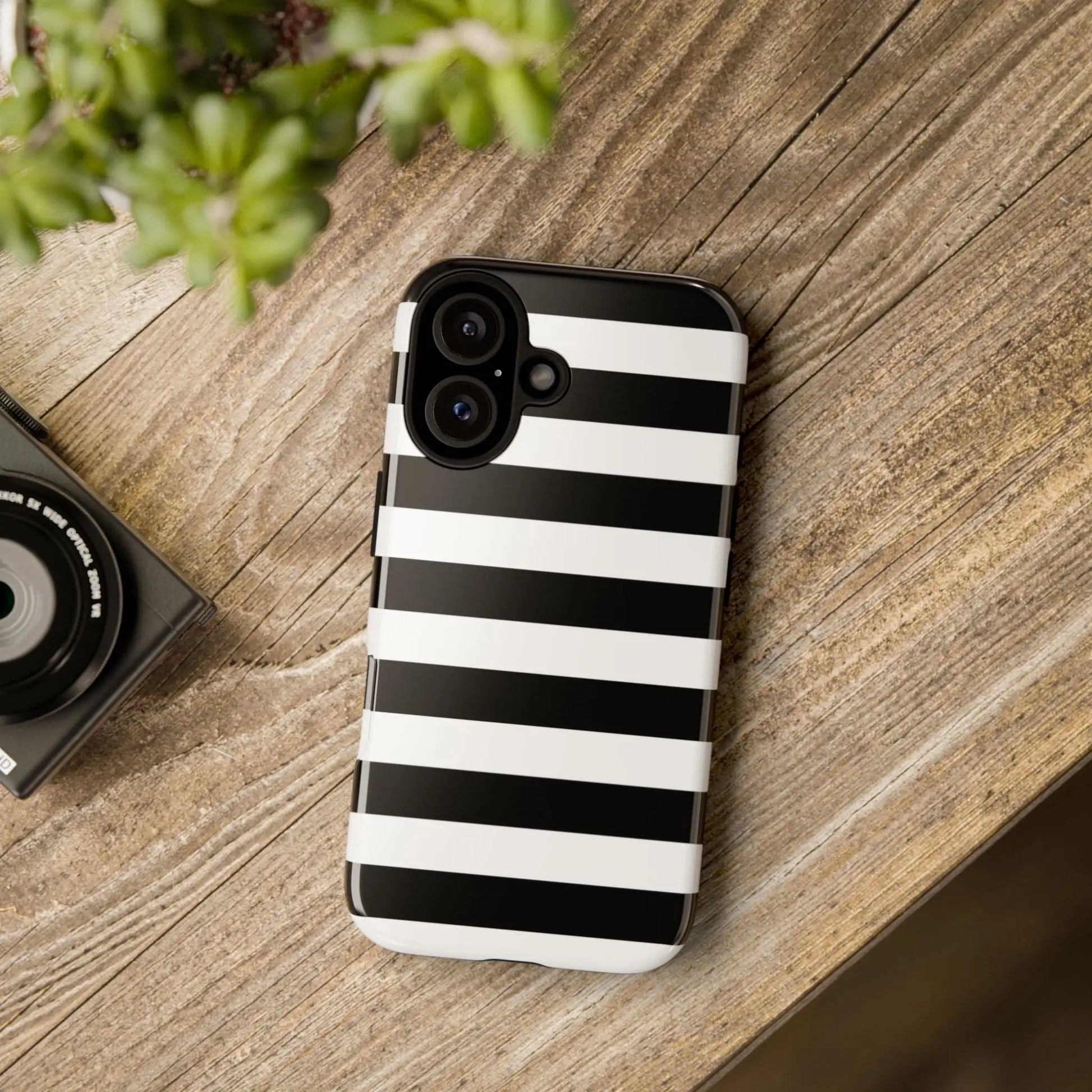 Black white stripe phone case for iphone samsung s google pixel phones with glossy finish showing back side