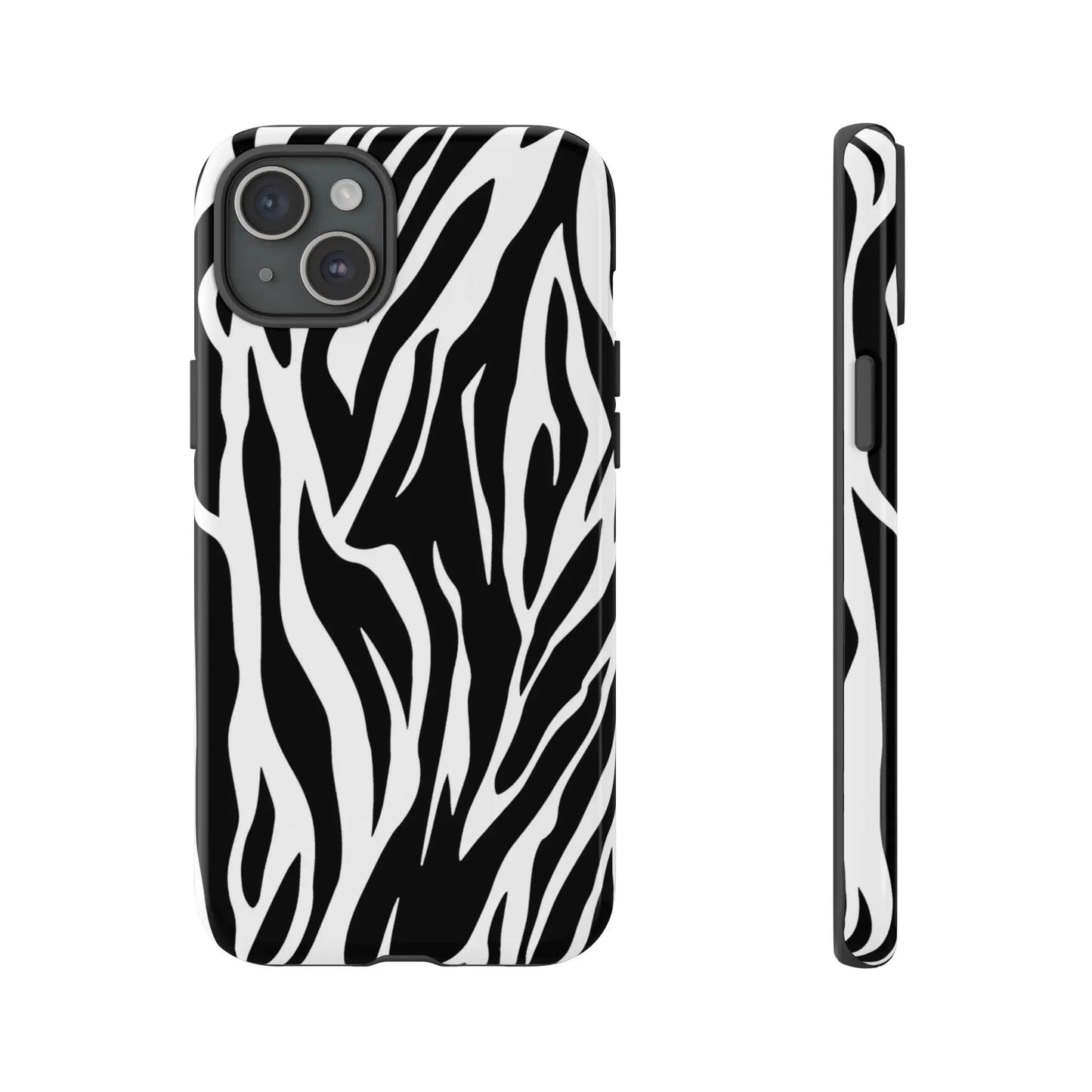 Black White Tiger Print Tough Case Cover for iPhone Samsung and Google phones. - iPhone 15 Plus / Glossy - Phone Case
