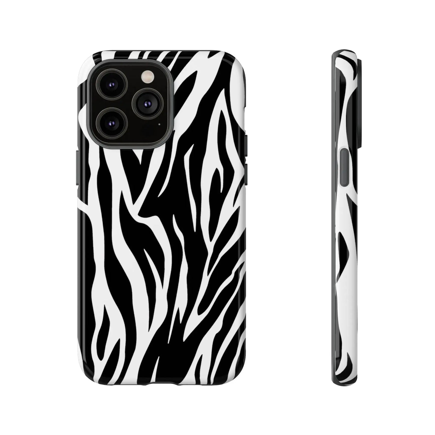 Black White Tiger Print Tough Case Cover for iPhone Samsung and Google phones. - iPhone 14 Pro Max / Glossy - Phone Case