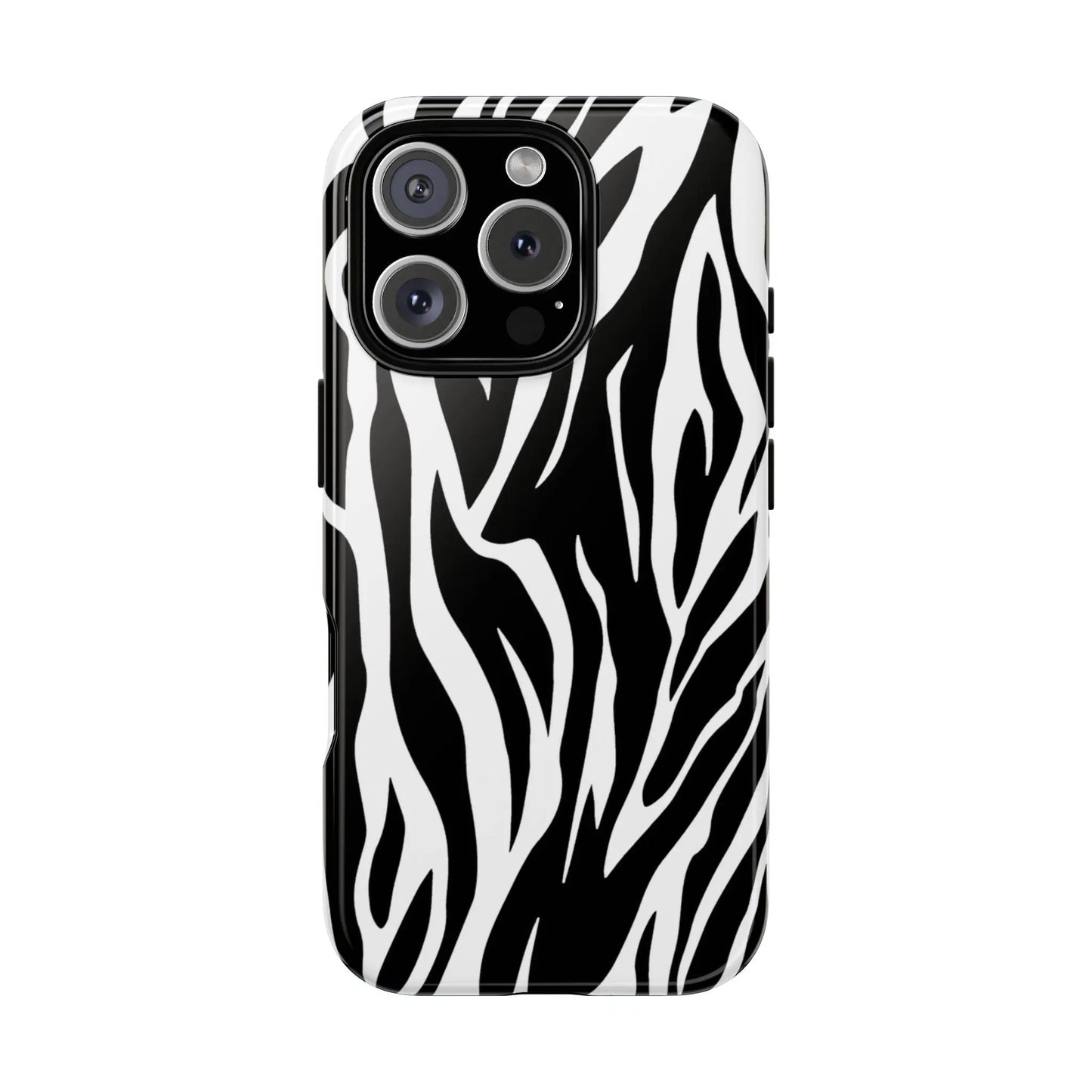 Black White Tiger Print Tough Case Cover for iPhone Samsung and Google phones. - iPhone 16 Pro / Glossy - Phone Case
