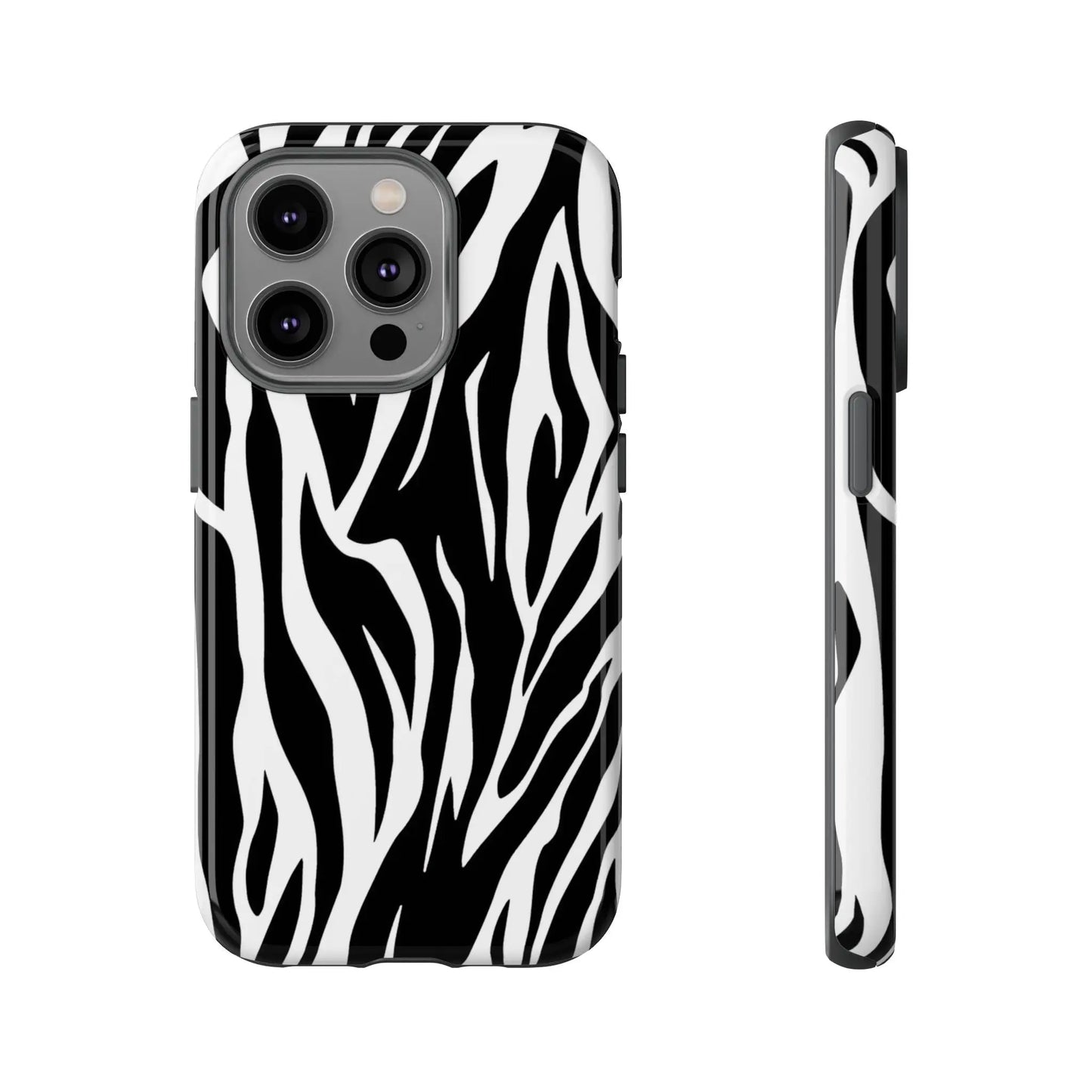 Black White Tiger Print Tough Case Cover for iPhone Samsung and Google phones. - iPhone 14 Pro / Glossy - Phone Case