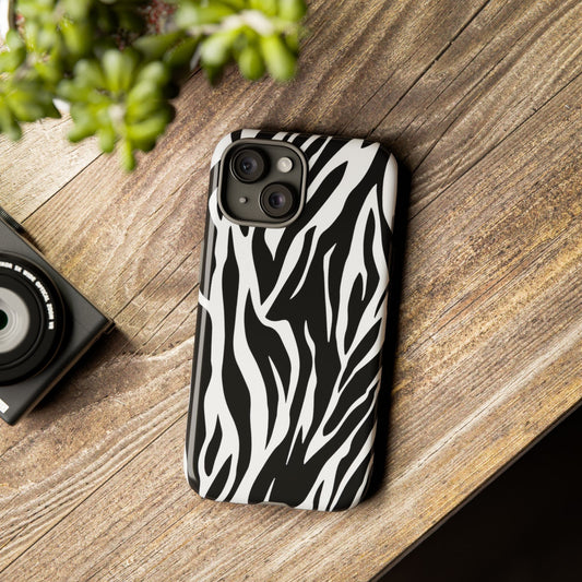 Black White Tiger Print Tough Case Cover for iPhone Samsung and Google phones. - iPhone 15 / Glossy - Phone Case