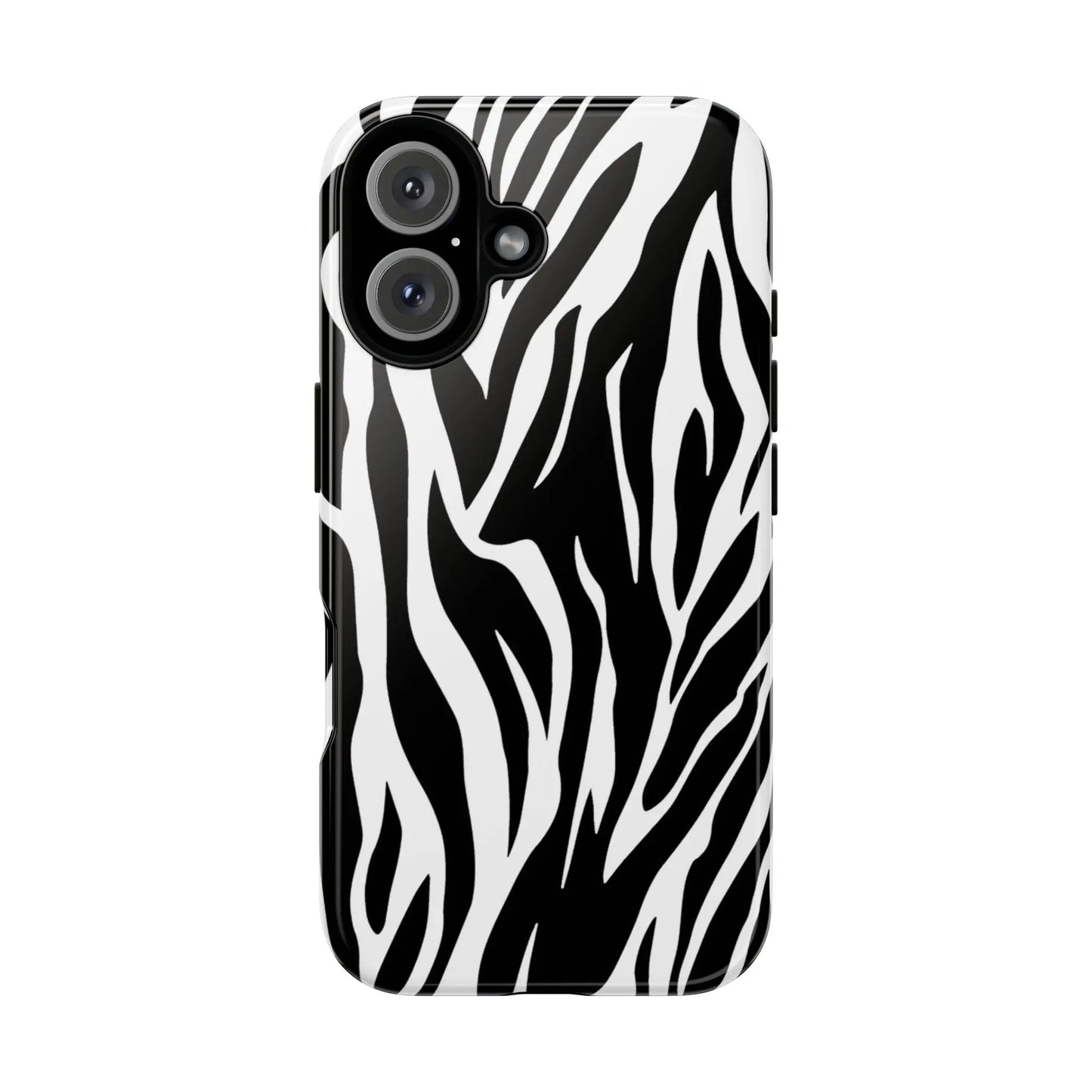 Black White Tiger Print Tough Case Cover for iPhone Samsung and Google phones. - iPhone 16 / Glossy - Phone Case