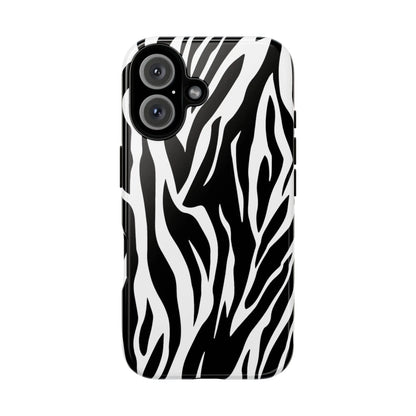 Black White Tiger Print Tough Case Cover for iPhone Samsung and Google phones. - iPhone 16 / Glossy - Phone Case