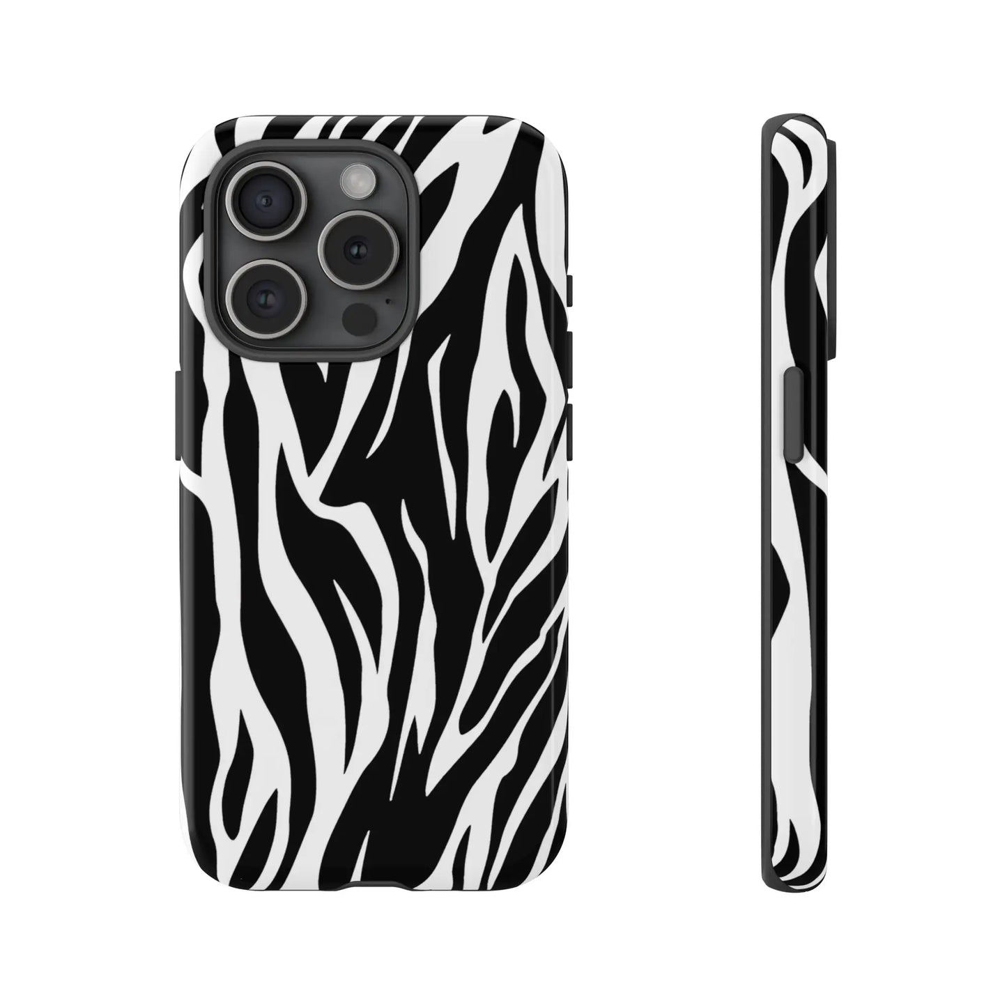 Black White Tiger Print Tough Case Cover for iPhone Samsung and Google phones. - iPhone 15 Pro / Glossy - Phone Case
