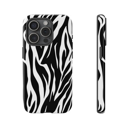 Black White Tiger Print Tough Case Cover for iPhone Samsung and Google phones. - iPhone 15 Pro / Glossy - Phone Case