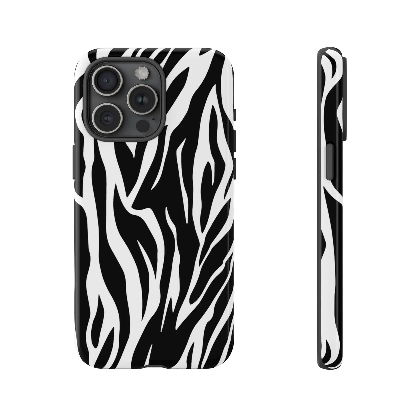 Black White Tiger Print Tough Case Cover for iPhone Samsung and Google phones. - iPhone 15 Pro Max / Glossy - Phone Case