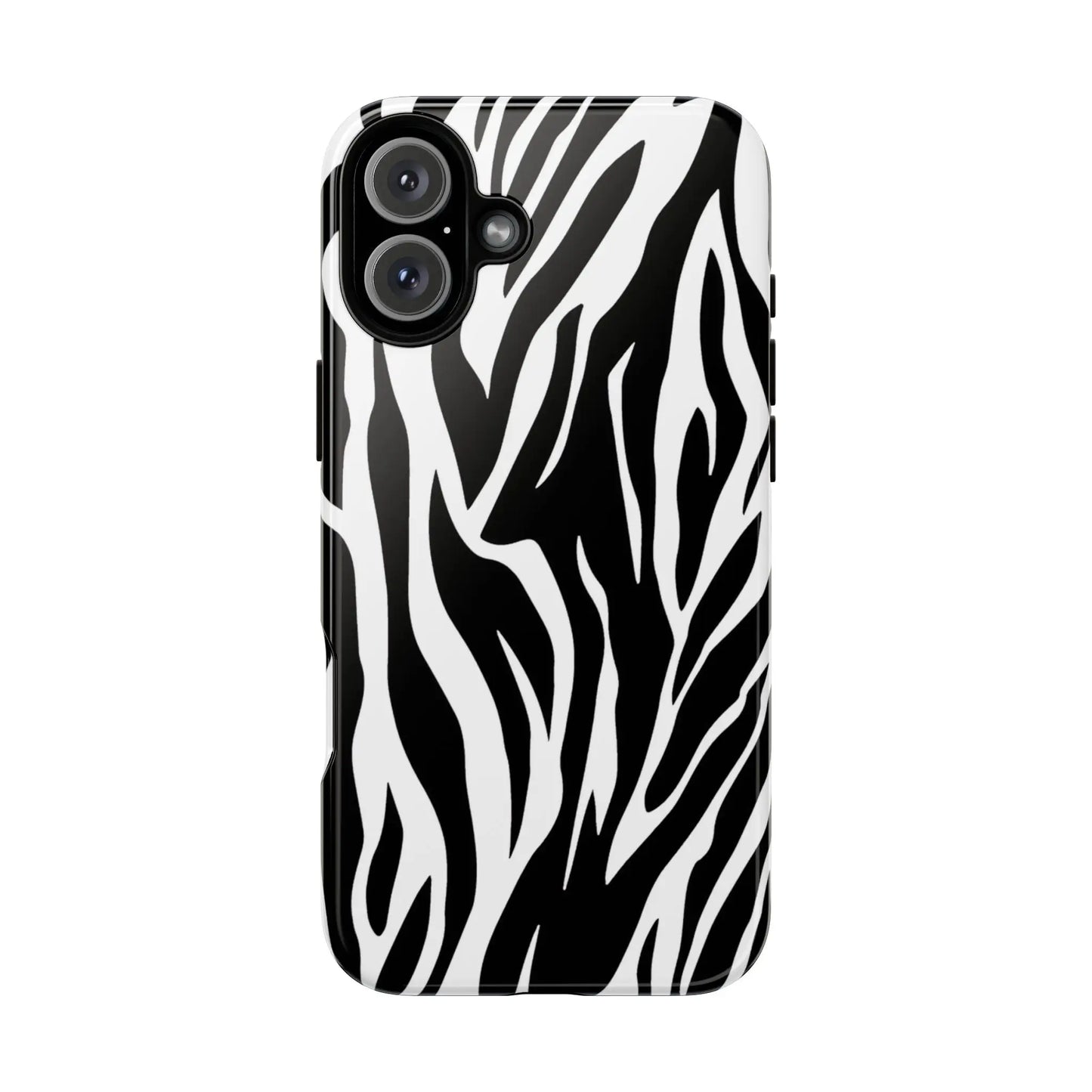 Black White Tiger Print Tough Case Cover for iPhone Samsung and Google phones. - iPhone 16 Plus / Glossy - Phone Case