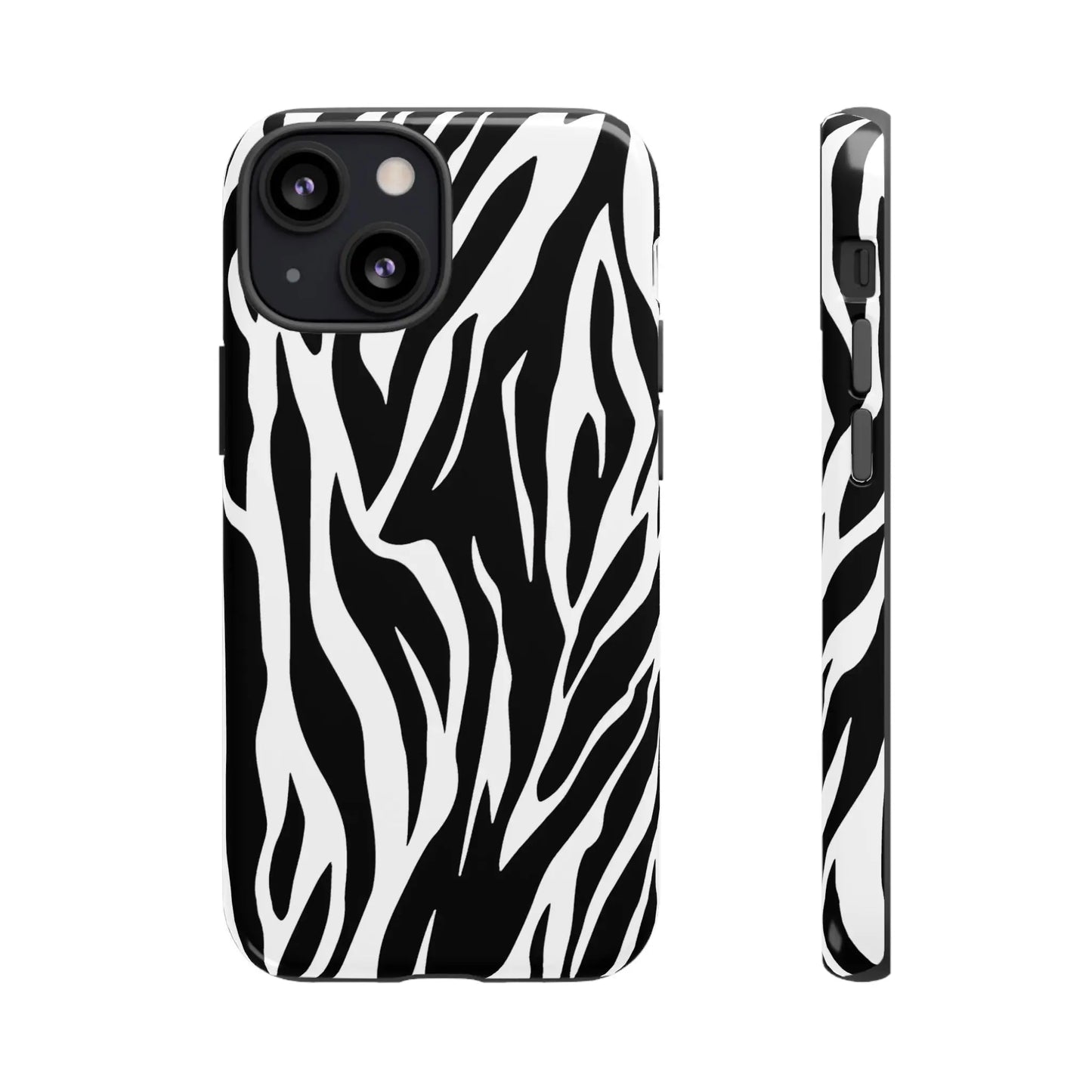 Black White Tiger Print Tough Case Cover for iPhone Samsung and Google phones. - iPhone 13 Mini / Glossy - Phone Case