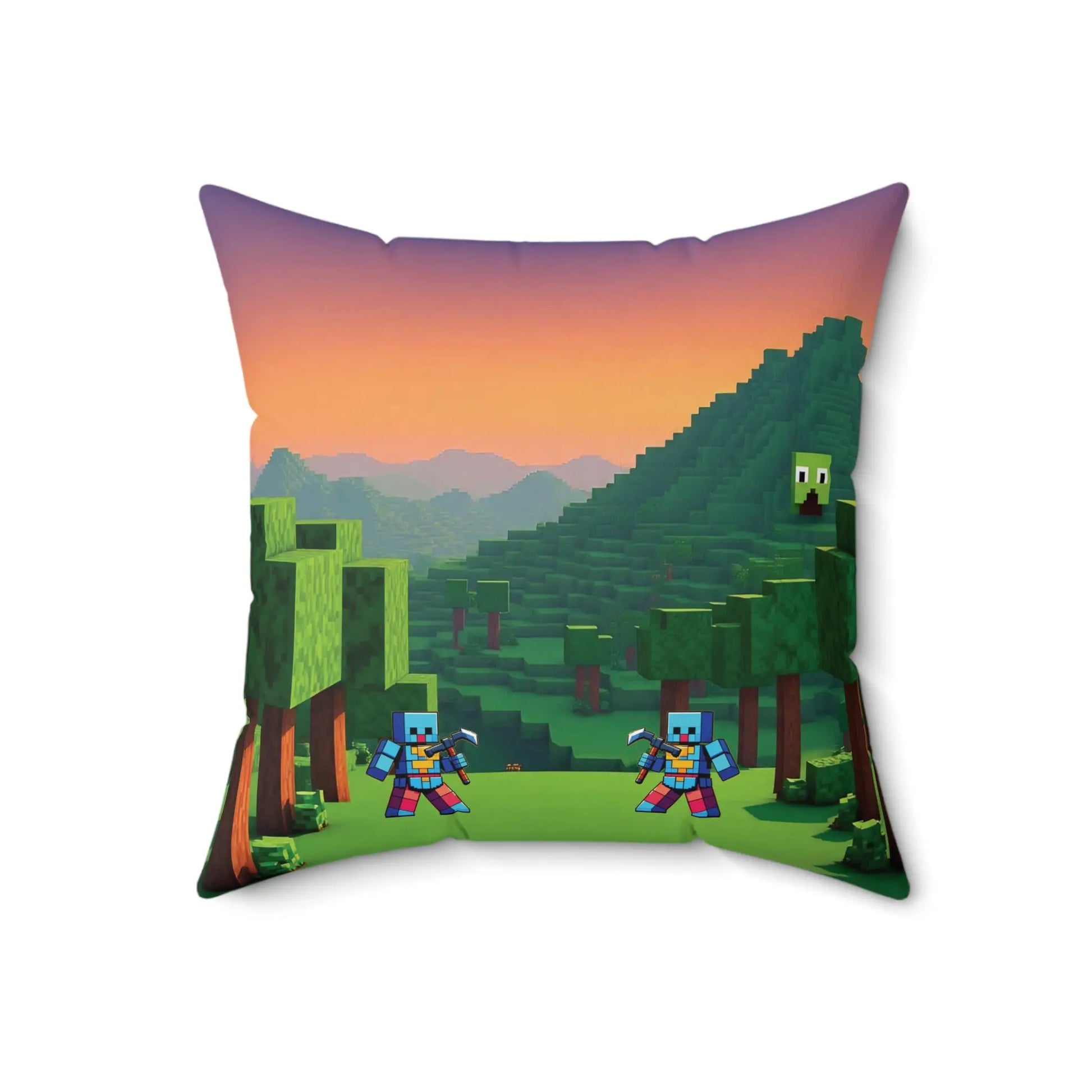 Blocks adventure square pillow featuring a vibrant minecraft landscape with pixelated characters for gamer decor