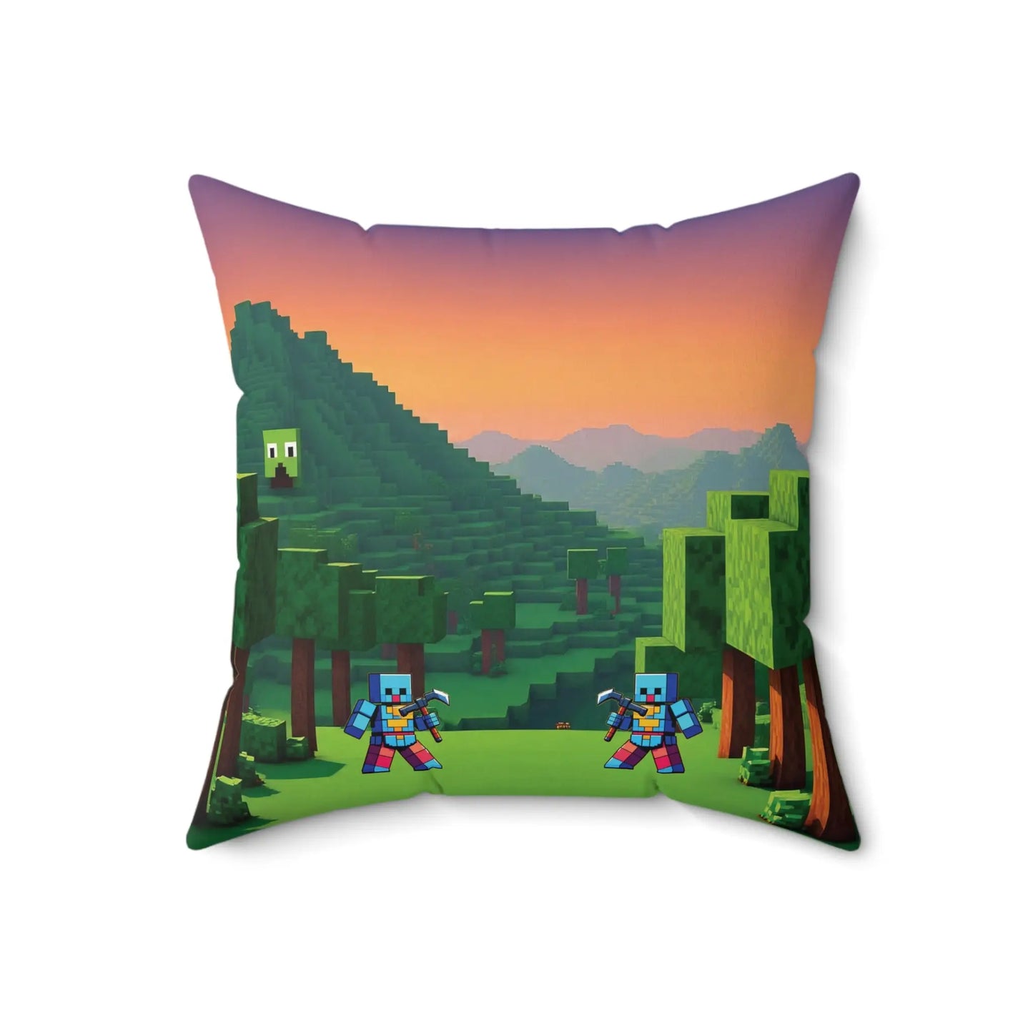 Blocks adventure square pillow featuring vibrant minecraft landscape with pixelated trees sunset skies and blue-armored characters