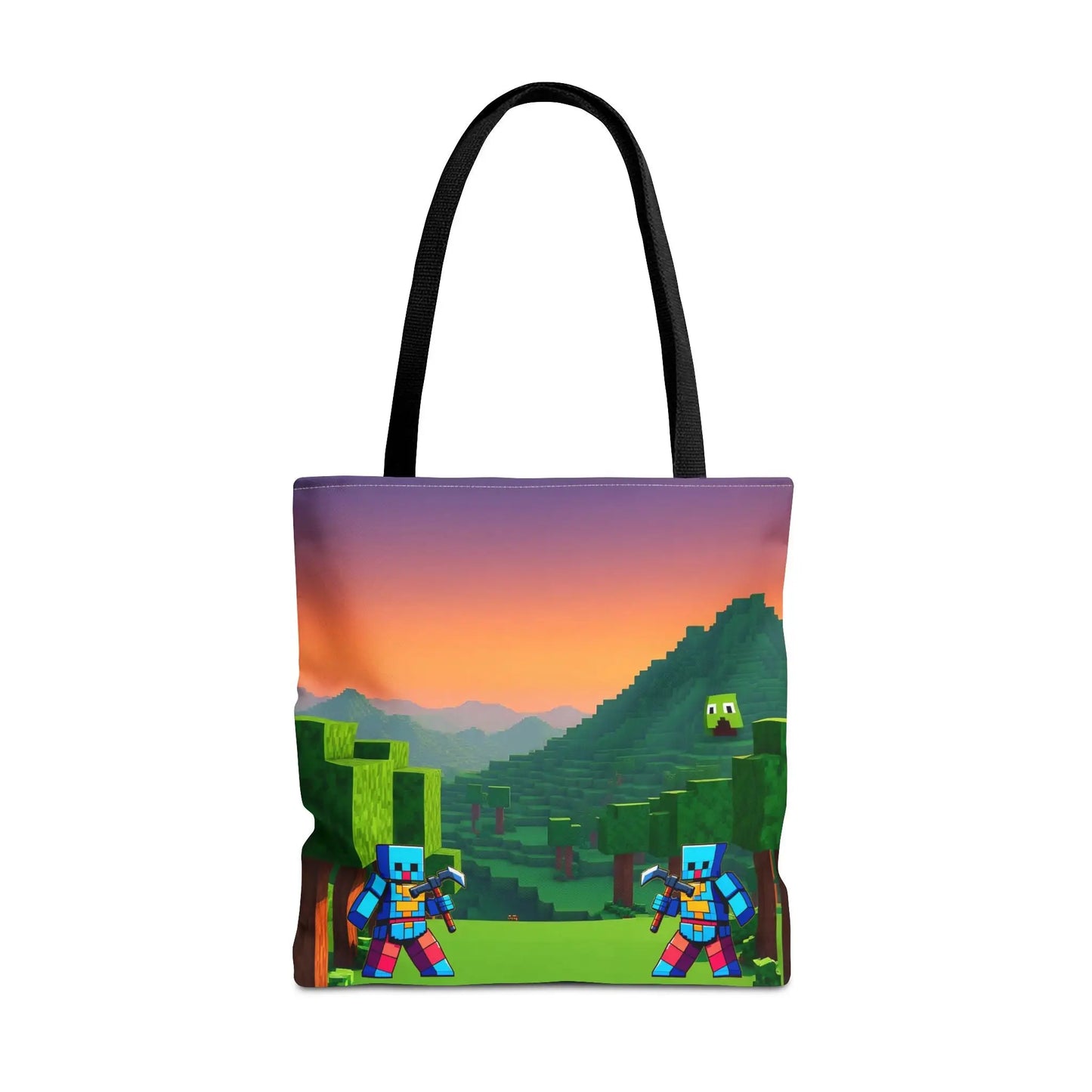 A vibrant minecraft inspired blocks tote bag for kids with pixelated characters and black handles perfect for school or gaming