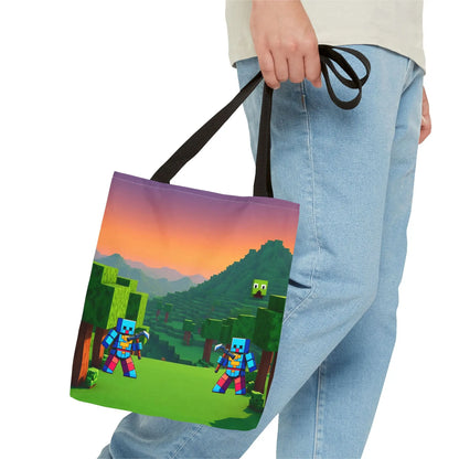 A minecraft inspired blocks tote bag for kids with pixelated characters, sunset landscape, and black fabric handles