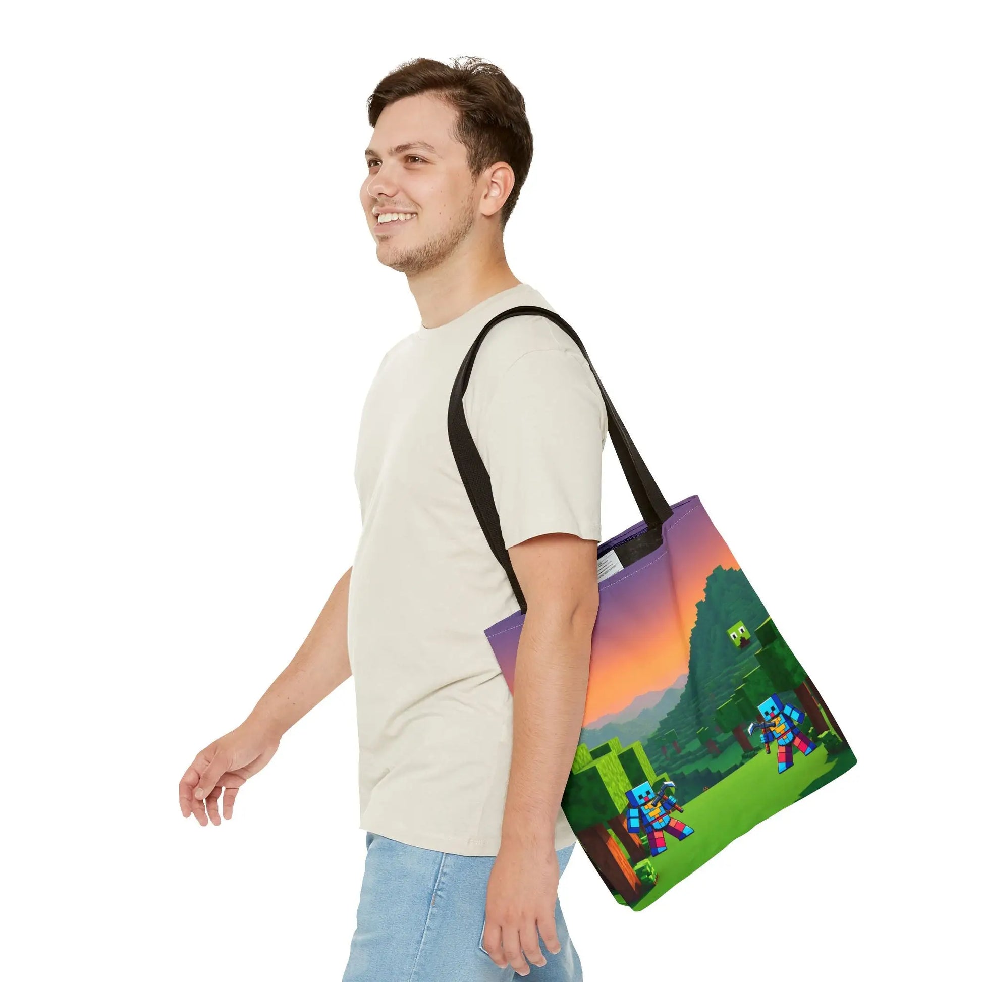 A vibrant full-color minecraft inspired blocks tote bag for kids featuring characters and landscape for school or gaming