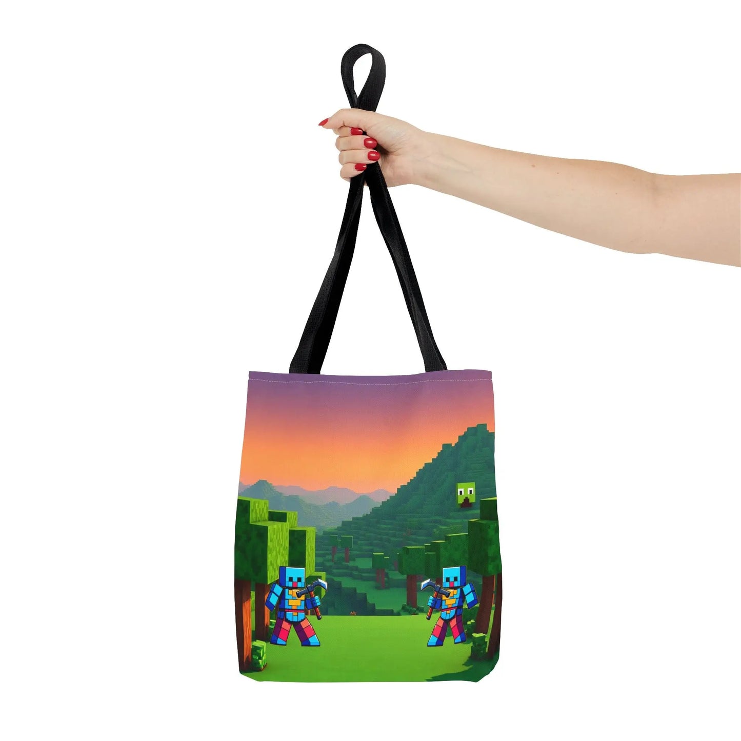 Black-handled blocks tote bag with minecraft inspired vibrant pixelated print for kids school and gaming use