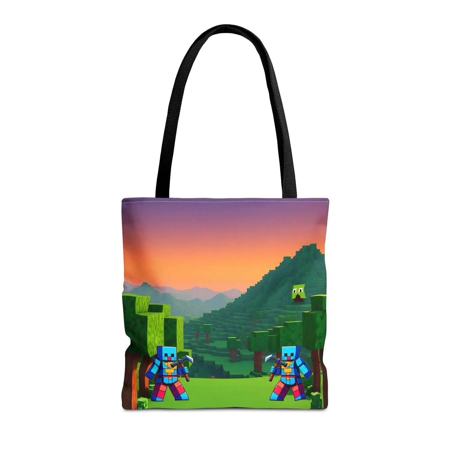 Black-handled blocks tote bag featuring a vibrant minecraft inspired print with armored characters and sunset landscape