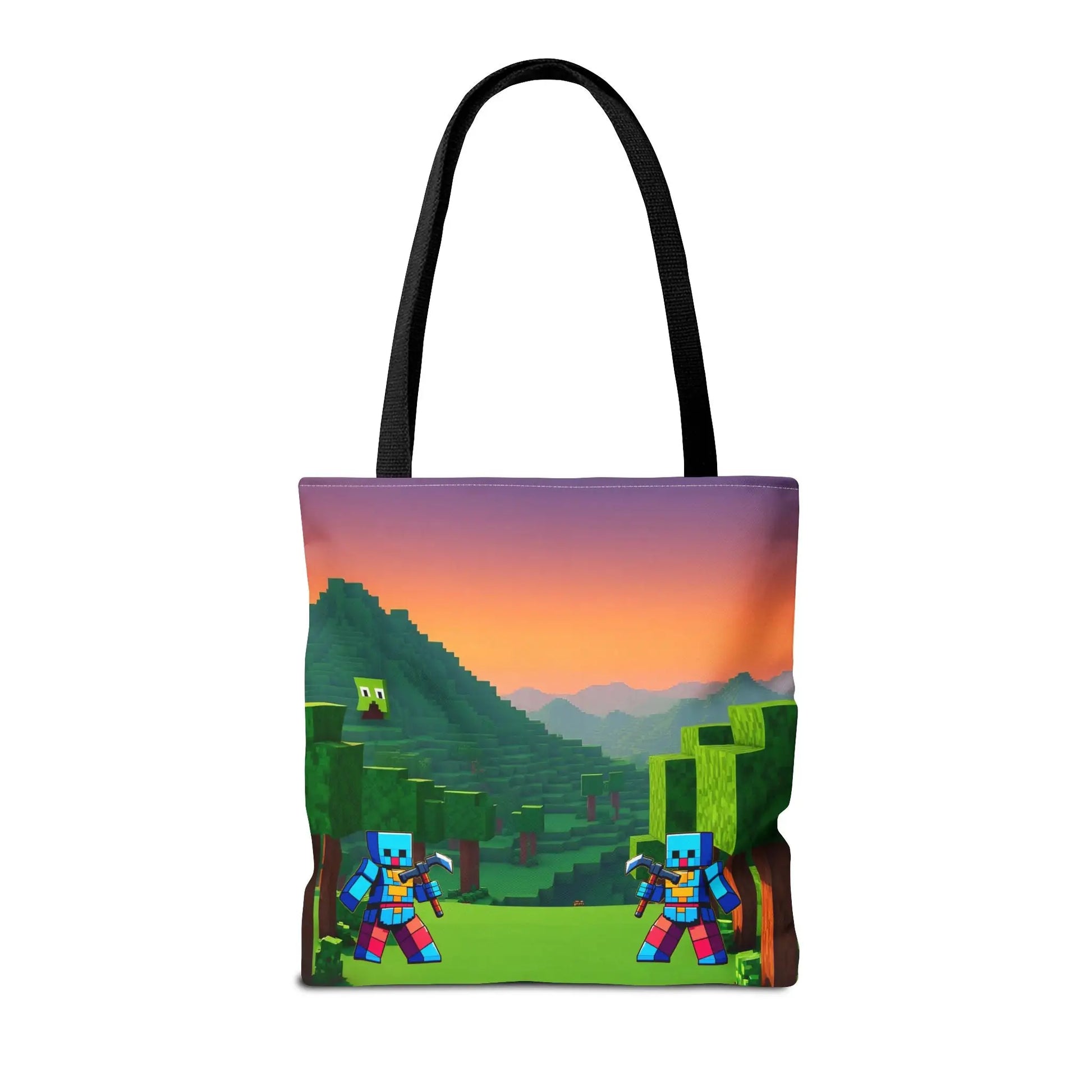 Black shoulder strap blocks tote bag with vibrant minecraft inspired print of blue-armored characters and pixel trees