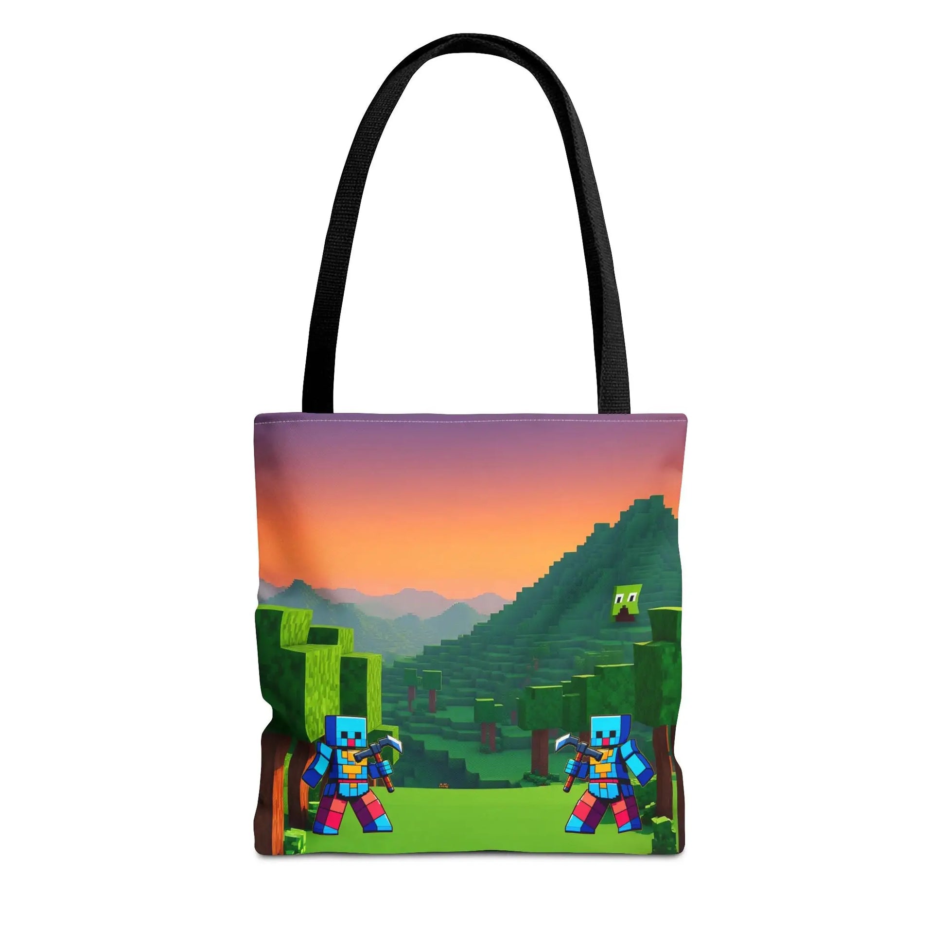 Black blocks tote bag with minecraft inspired print of blue-armored characters and green trees under sunset sky