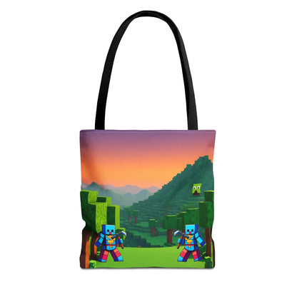 Black blocks tote bag with minecraft inspired print of blue-armored characters and green trees under sunset sky