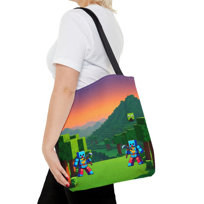 A vibrant minecraft inspired blocks tote bag for kids with pixelated characters sunset landscape and black straps