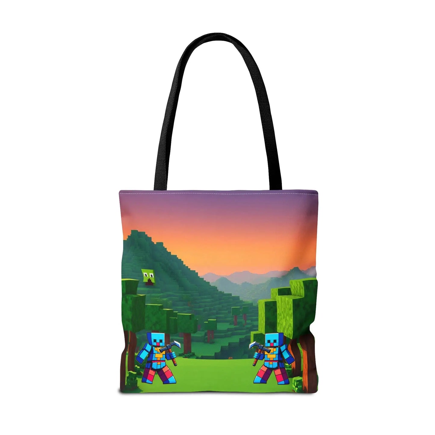 Black minecraft inspired blocks tote bag with vibrant pixelated characters in a sunset landscape for kids and gamers