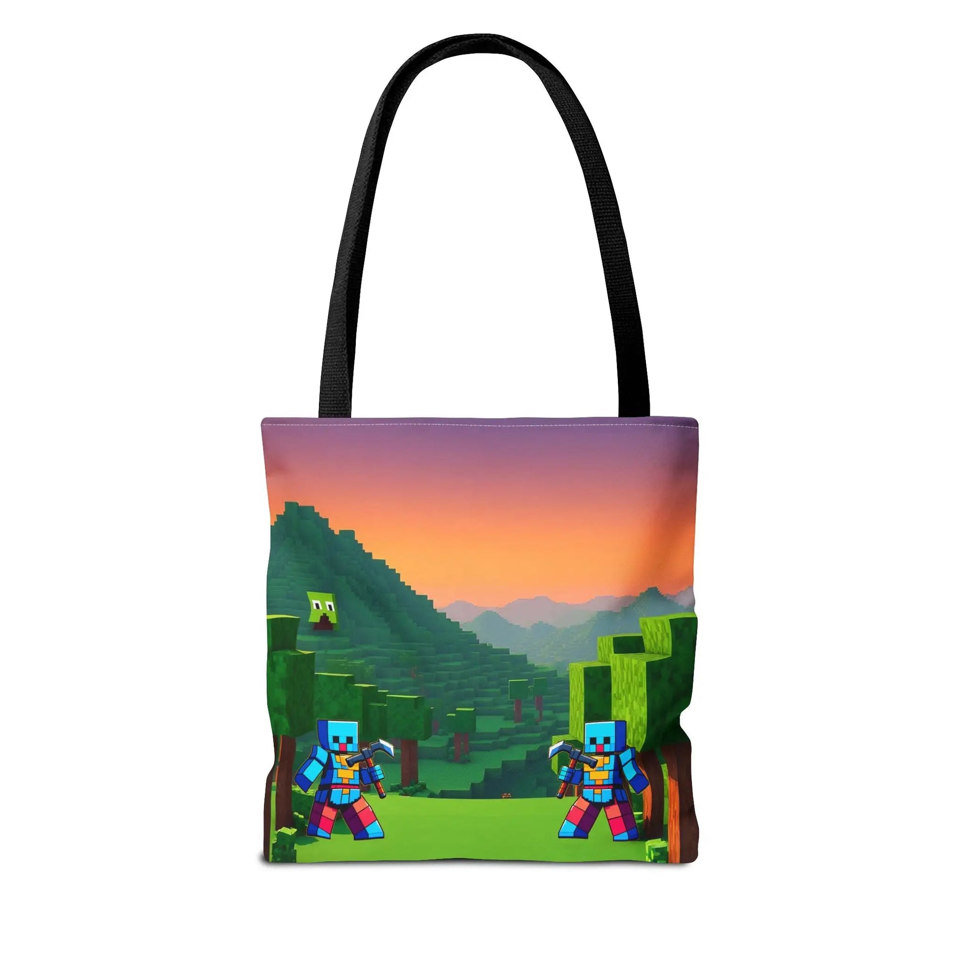 Black canvas blocks tote bag with vibrant minecraft inspired print of blue-armored characters and green creeper