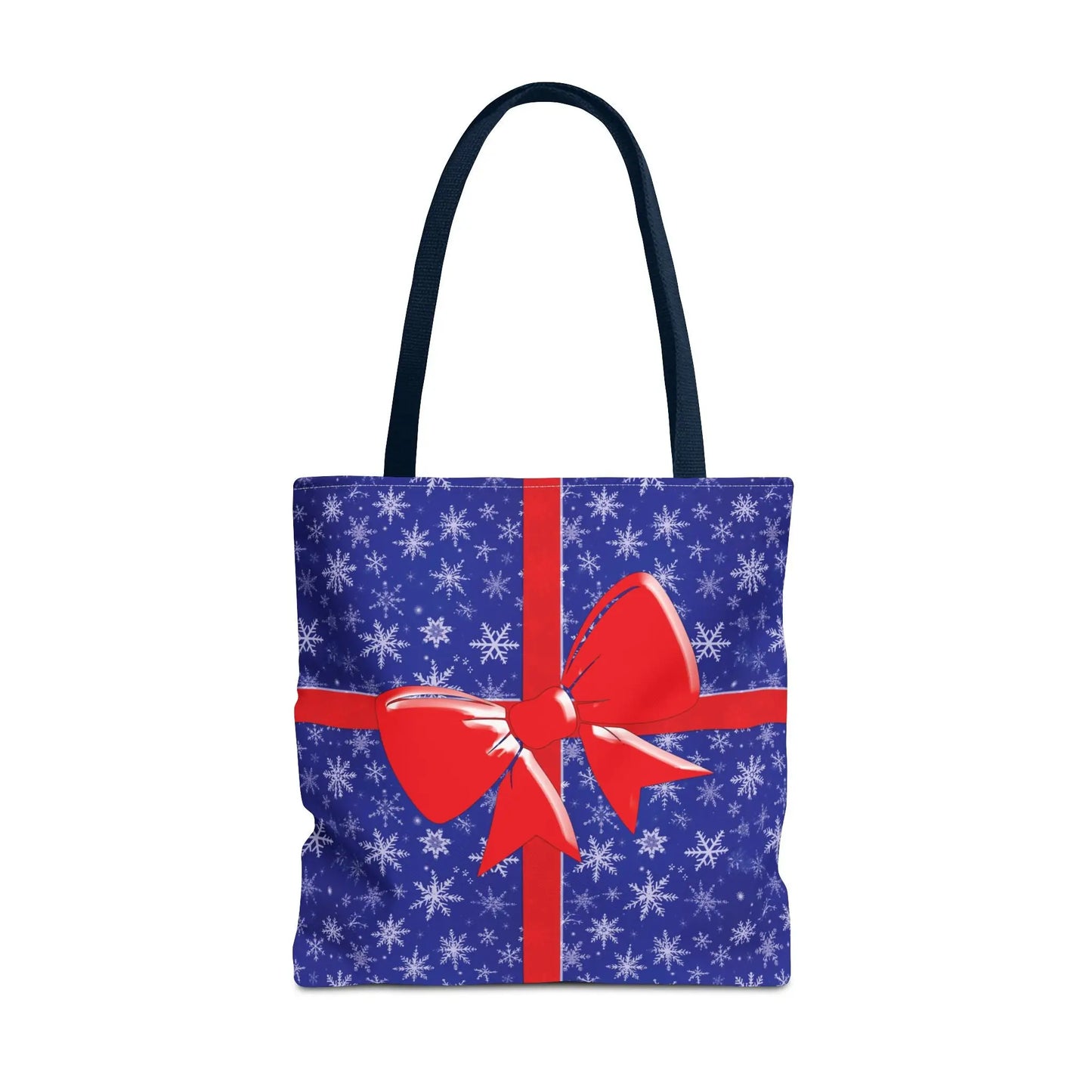 Blue christmas tote bag with white snowflake pattern and red bow in white red blue handle color options