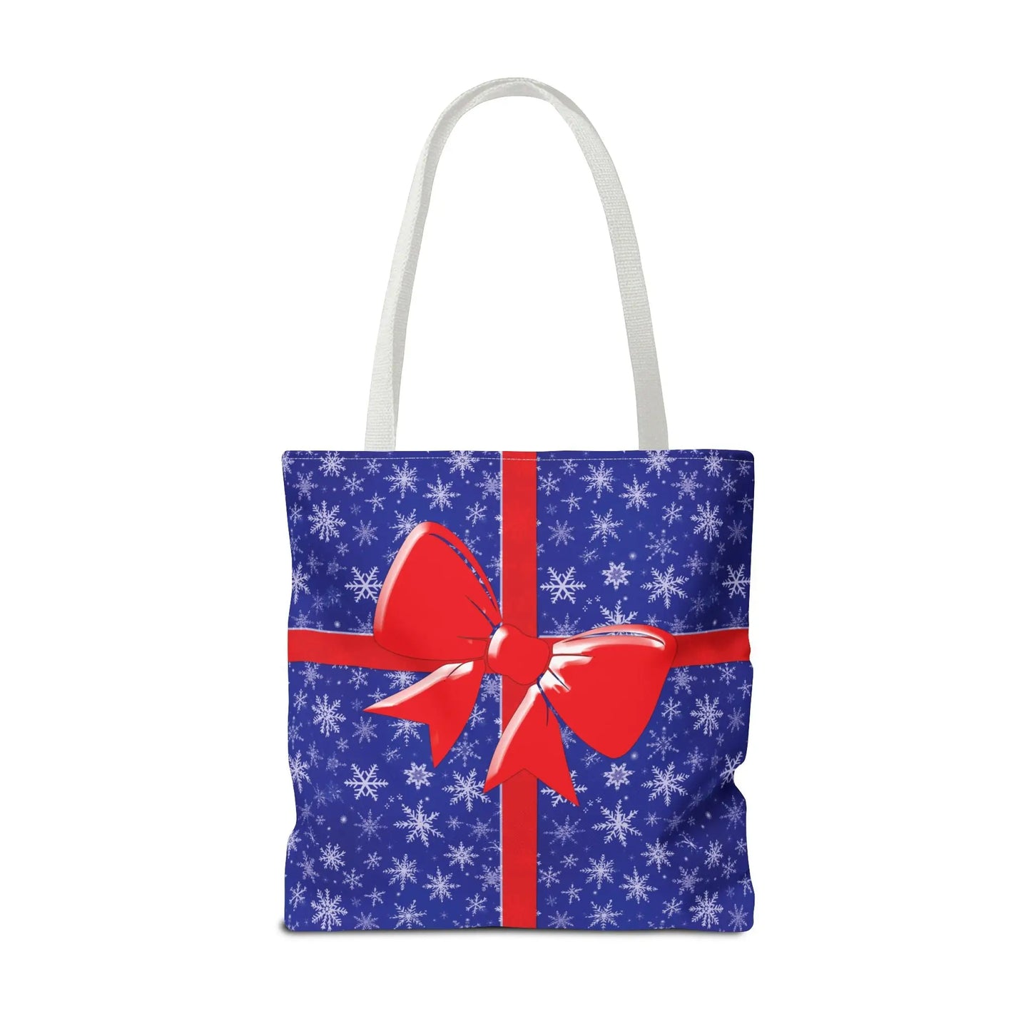 Blue christmas tote bag with white snowflake pattern red bow and white fabric handles for holiday shopping