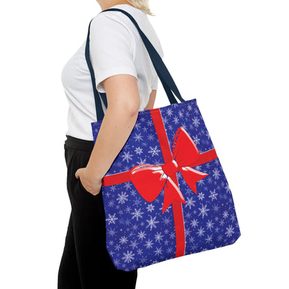 Blue christmas tote bag with white snowflakes and red ribbon bow 18x18 reusable holiday shopping bag white red blue handles