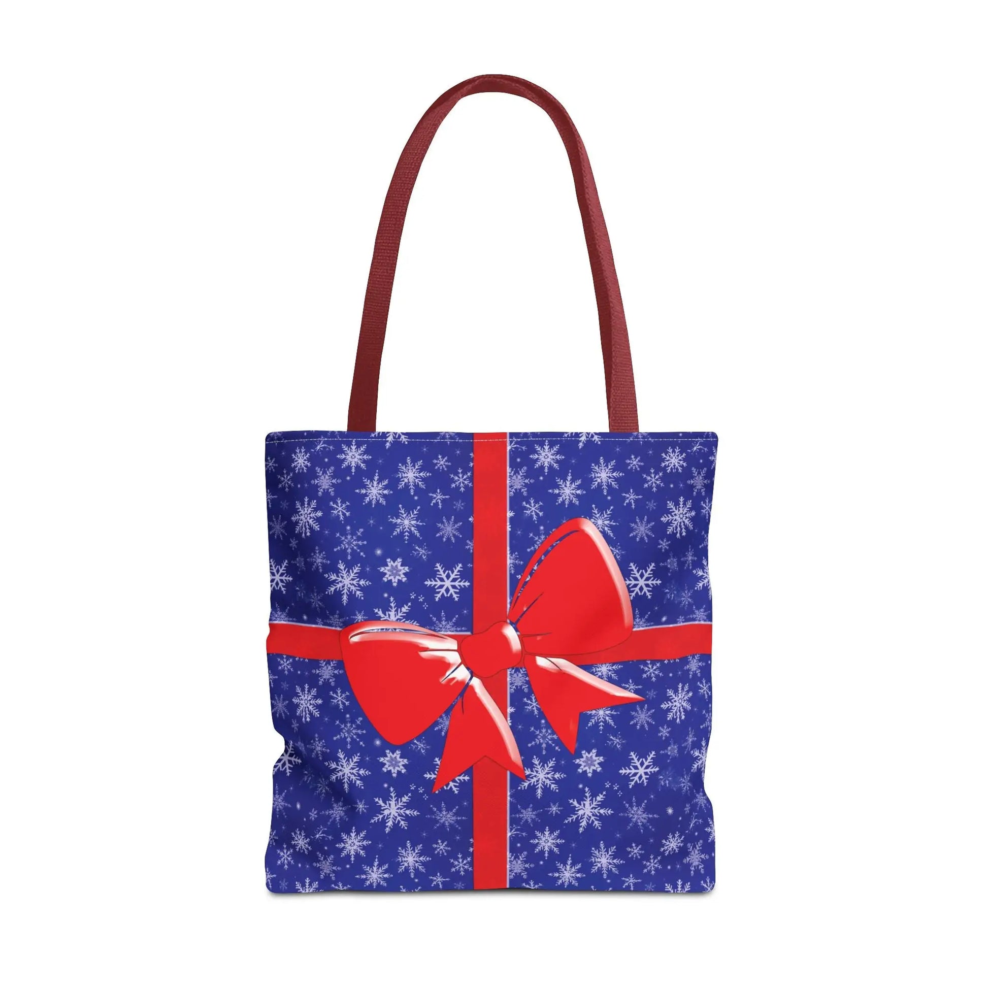 Blue christmas tote bag with red handles white red blue festive snowflakes bold red ribbon and bow for holiday shopping