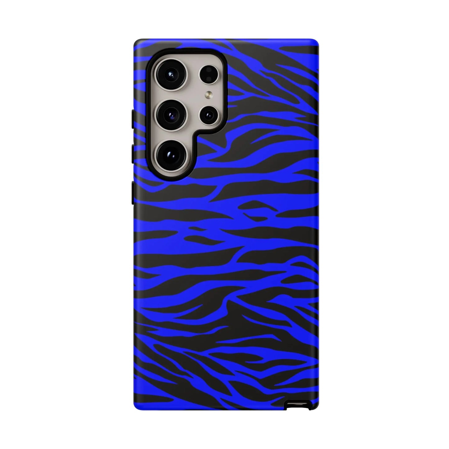 Blue wild tiger print phone case with vibrant blue and black zebra stripes for samsung galaxy s23 ultra back side view