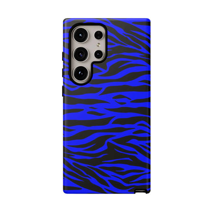 Blue wild tiger print phone case with vibrant blue and black zebra stripes for samsung galaxy s23 ultra back side view