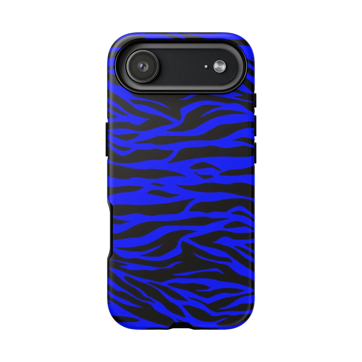 Blue wild tiger print phone case in vibrant blue and black with sleek protective design shown from back side
