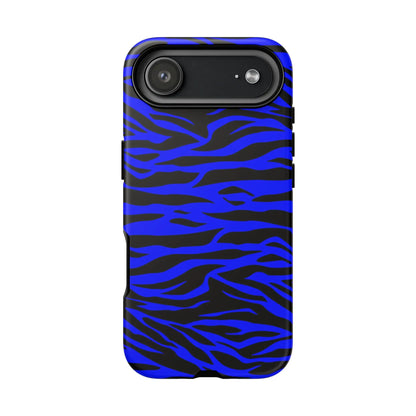 Blue wild tiger print phone case in vibrant blue and black with sleek protective design shown from back side