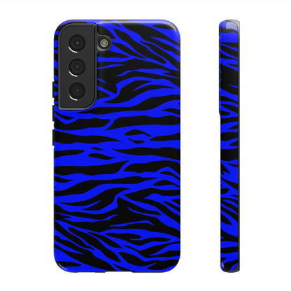 Back side of vibrant blue wild tiger print phone case for samsung galaxy s21 featuring black zebra stripes