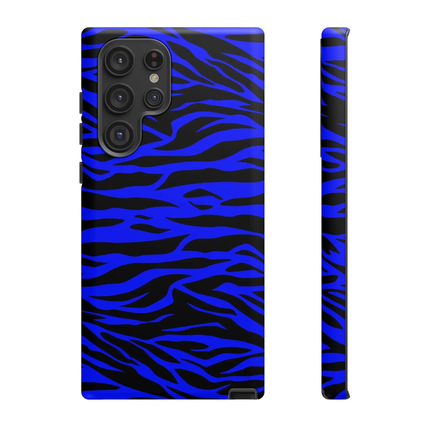 Blue wild tiger print phone case cover with vibrant blue and black zebra stripes shown from the back side