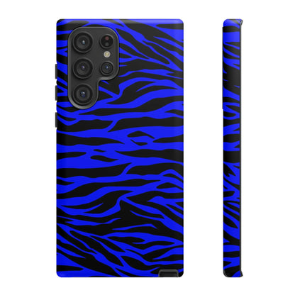 Blue wild tiger print phone case cover with vibrant blue and black zebra stripes shown from the back side