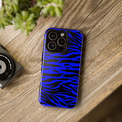 Vibrant blue wild tiger print phone case cover with glossy finish for iphone 13 pro back side with black stripes
